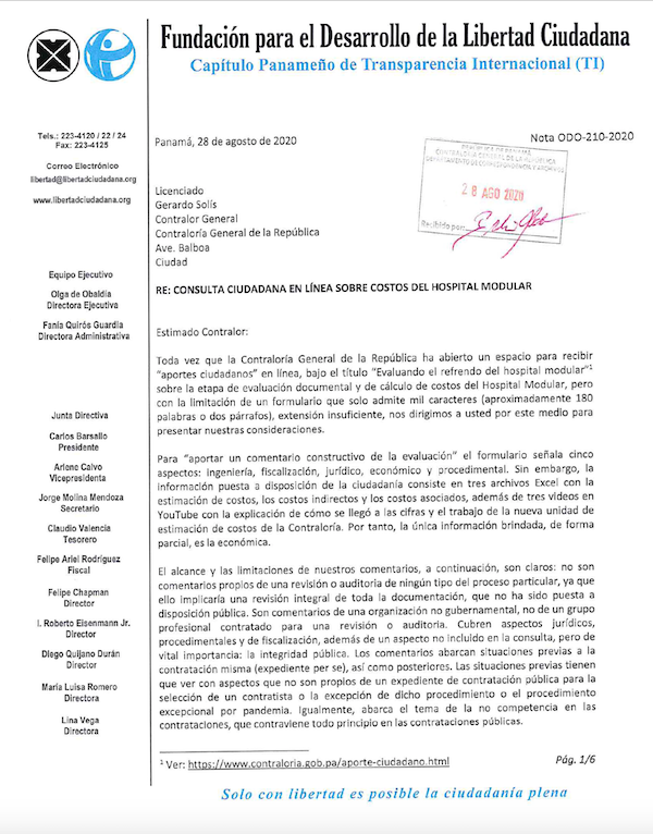 LA FUNDACIÓN PARA EL DESARROLLO DE LA LIBERTAD CIUDADANA PRESENTA CONSIDERACIONES A LA CONTRALORIA SOBRE REFRENDO DEL HOSPITAL MODULAR