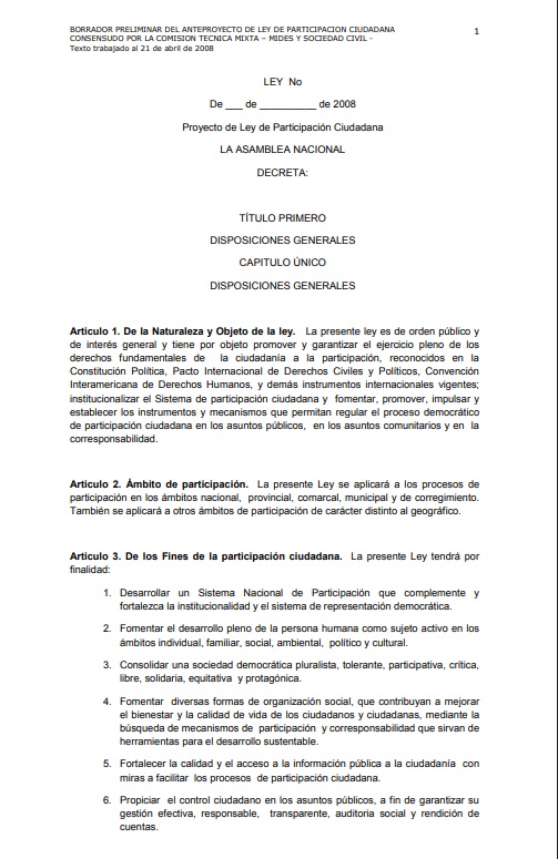 Borrador Preliminar del Anteproyecto de Ley de Participación Ciudadana