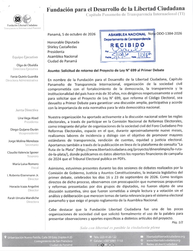 Fundación Libertad Ciudadana solicita devolver el Proyecto de Ley 699 a primer debate y reitera alerta ciudadana por reformas electorales
